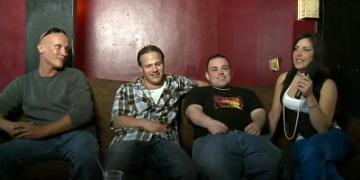 Chubby guy fucks a blonde girl while crowd is watching