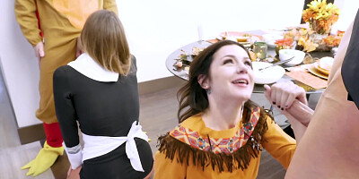 Hot brunettes fucked in a foursome during Thanksgiving dinner