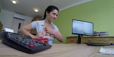 Busty brunette needs a loan and she spreads legs for it