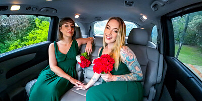 Two naughty girls having a threesome in casting van
