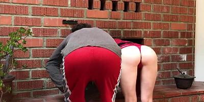 MILF stuck in the fireplace gets fucked by her stepson
