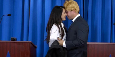 A sexy brunette is taking care of the horny pussy grabber