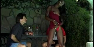 Two black women fuck white dude poolside