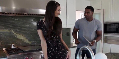 Black man humps small-tittied Latina in her kitchen