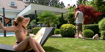 Gardener drills boss' busty wife outdoors