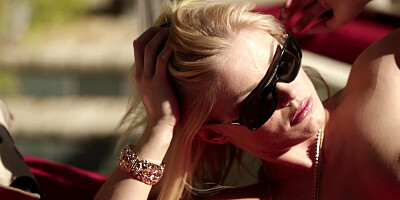 Pure beauty touches her stunning body sunbathing by the pool