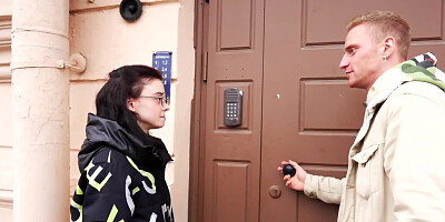 Nerdy chick is fingered and fucked by an inked stud