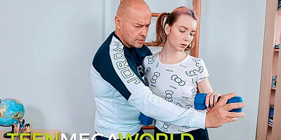 Grabbing dumbbells and a dick