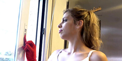 Stunning blonde MILF is fucking her stepson in the kitchen