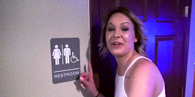 Chubby blonde hottie sucks and bangs in the restroom
