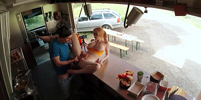 Scarlett Jones fucking while serving people some sandwiches