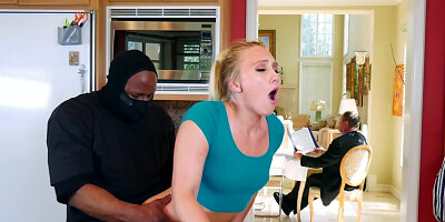 Blonde MILF fucked by black burglar behind husband's back