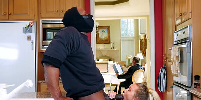 Blonde MILF fucked by black burglar behind husband's back