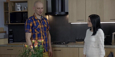 Brunette with great ass satisfied by bald boyfriend
