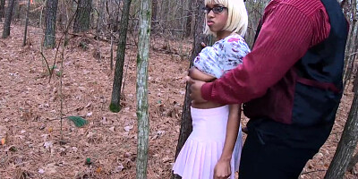 Black man sneakily fucks geek stepdaughter in forest