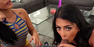 Sultry hotties facialized after threesome with one lucky guy