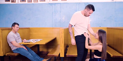 Slutty waitress fucks with a horny guest in the fast-food shop