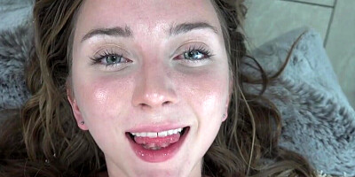 Amateur babe pets her pussy before taking a huge dick