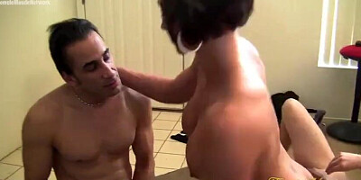 Naked Female Bodybuilder Dominates Two Losers
