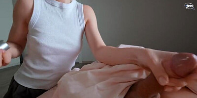 Hot MILF stepmom caught her stepson jerking off to her photo while her husband was at work