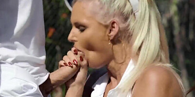 Two horny ladies fucking a lucky dude in a tennis threesome