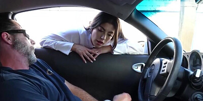 Schoolgirl looking at his cock as he jerks off HARD