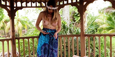 Hippie girl in floral wreath brings strange man to gazebo for sex