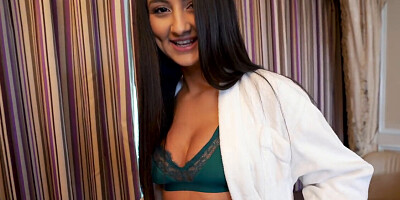 Graceful hottie in green lingerie stoops to suck cock