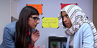 Big boobs Arab girl teaching another lady how to suck dick