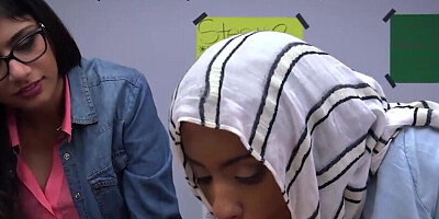 Big boobs Arab girl teaching another lady how to suck dick