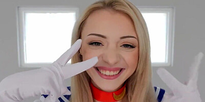 A petite blonde is cosplaying and then gets roughed up