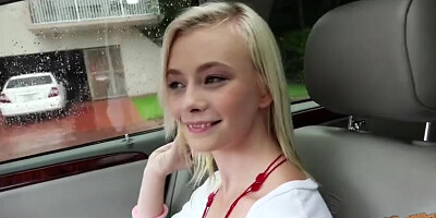 Petite babe Maddy Rose hitch hikes and have sex at the back seat