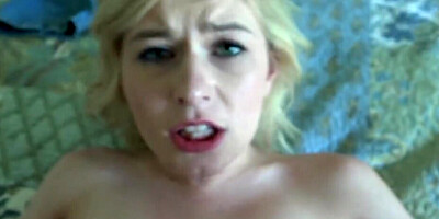 Petite blonde gives footjob and copulates till creampie