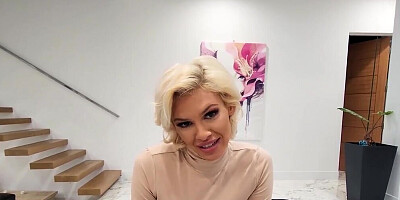 Blonde stepmom with a perfect body tries to get him off