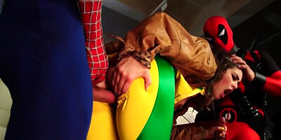 Slutty girl is fucked by two guys are the cosplay party