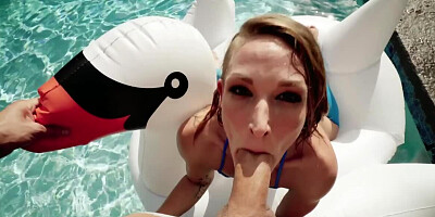 Passionate poolside coupling of slender whore and a hunk