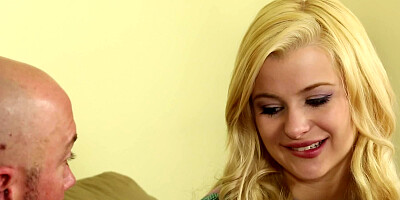 Adorable blonde teenage slut gets her pussy tested by an bald dude