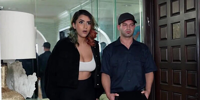 Busty babe blows a guy and gets fucked from behind