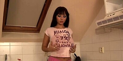 Busty babe in Mini Skirt and High Heels masturbate and Boobs Play in the Kitchen