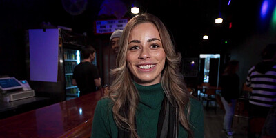 Slutty girl blows a stranger and rides his dick in the pub