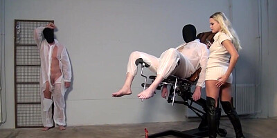 Femdom bitch is going to torment two helpless dudes