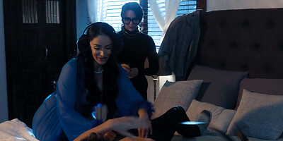 FFM fucking movie showing a sexy leggy brunette taking it