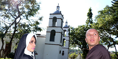 Naughty black nun rides a big hard cock in the yard