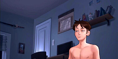 Summertime Saga #100 - Busty Roommate gives him a handjob and gets massive cum shot