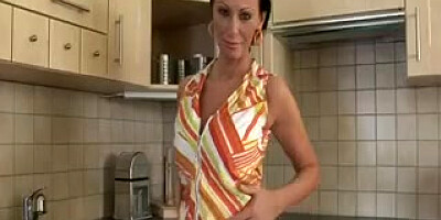 Large tits super-naughty stunner squizing rock-hard in the kitchen