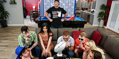 Five guys and three slutty girls fucking at the orgy