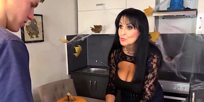 Brunette in black has nothing against sucking him off