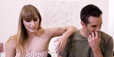 Chesty teen sucks and rides hard dick of stepdad