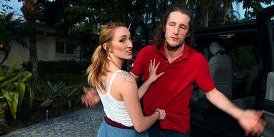 Fucking in the driveway of his new house with a skinny slut