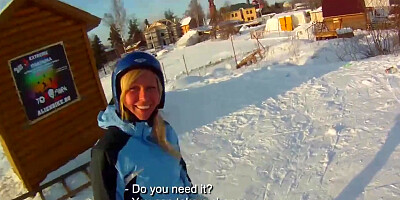 Snowboarder female enjoys manhood
